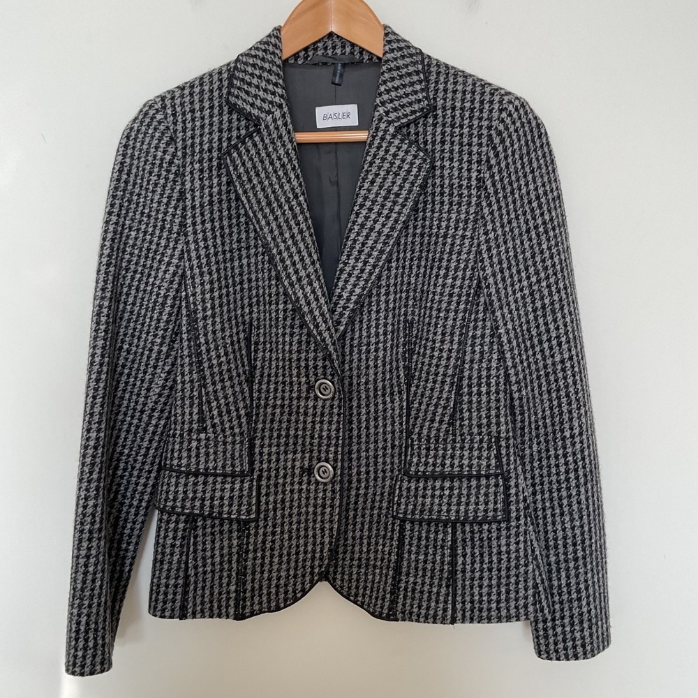 BASLER 100% Wool Houndstooth Tweed Blazer Jacket 36 Gray Black Equestrian Preppy